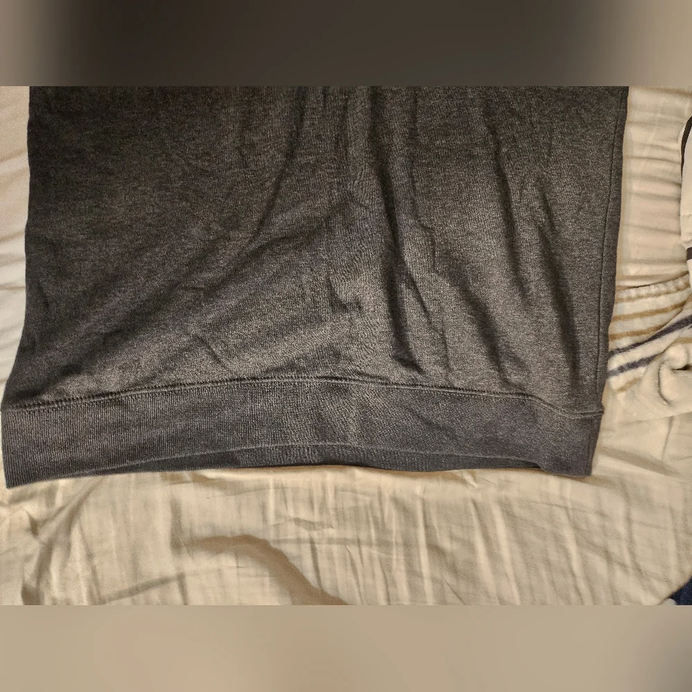 Old Navy shawl‎ collar pullover sweatshirt in a heathered charcoal gray.